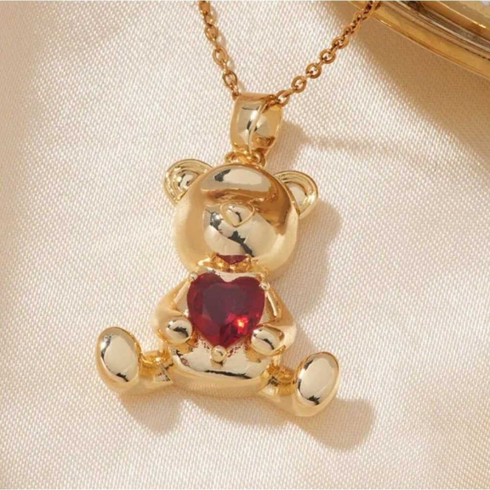 Gold Tone Teddy Bear Pendant Necklace With Red Crystal Heart